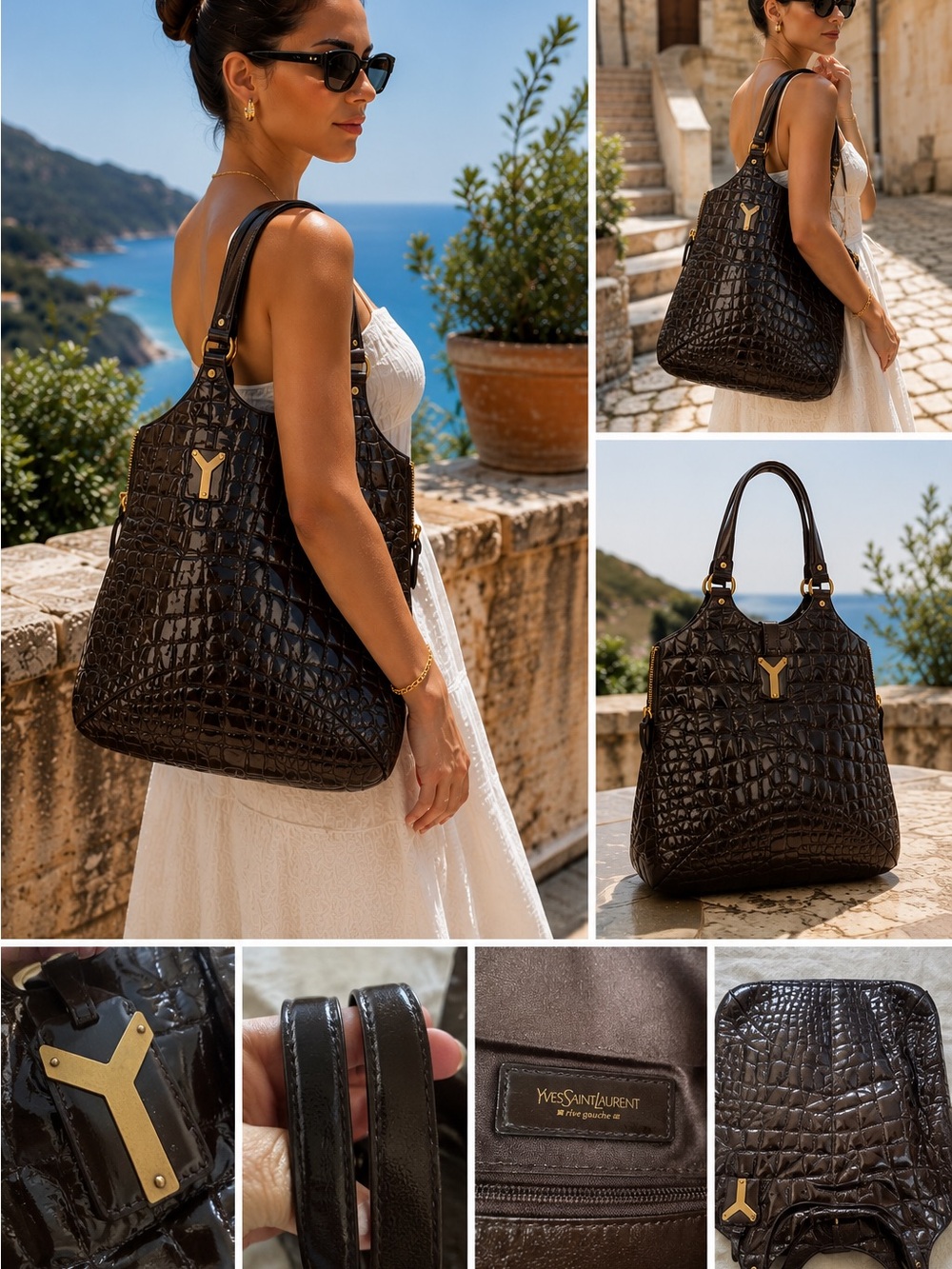 Rare Vintage YSL Brown Patent Leather Tote with Gold Y Hardware